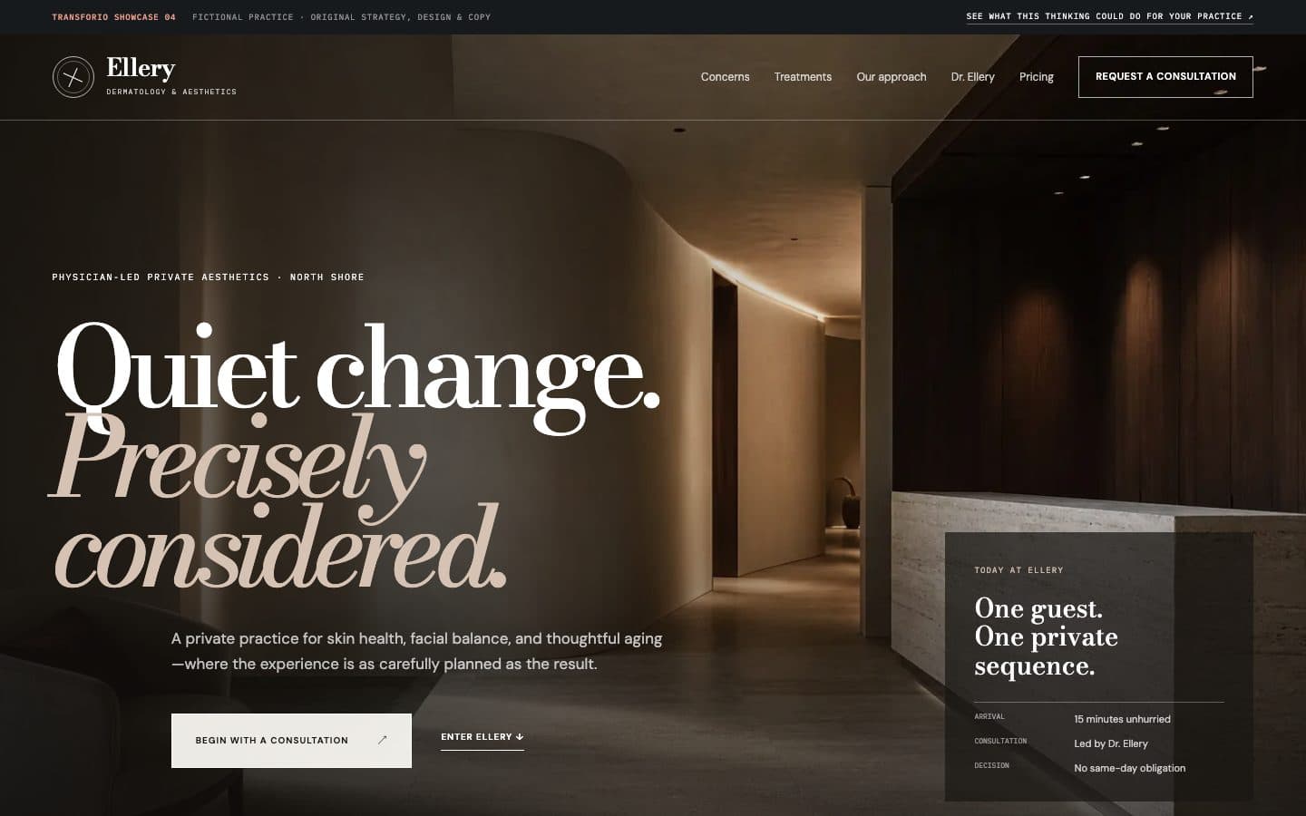 The opening screen of the Ellery website on a desktop screen