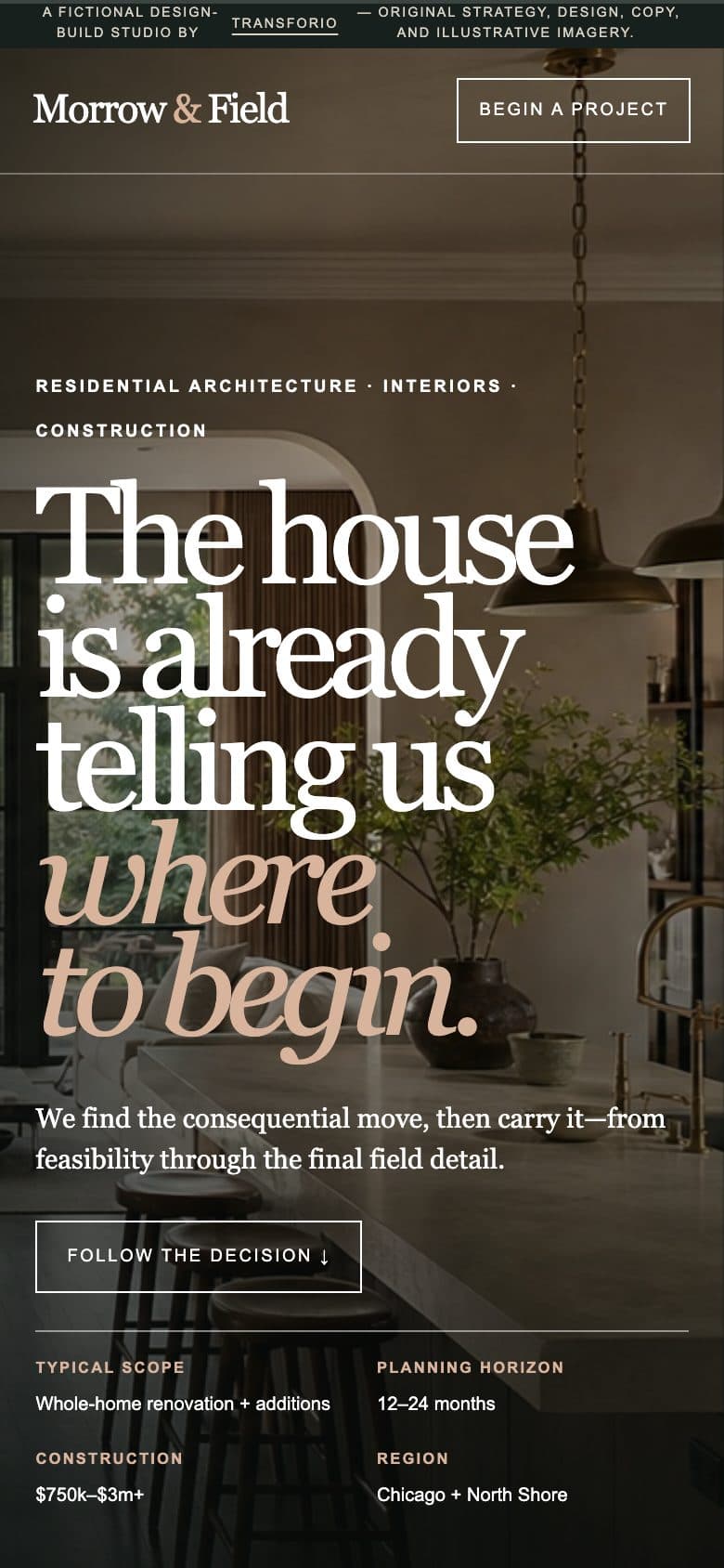 The opening screen of the Morrow & Field website on a phone