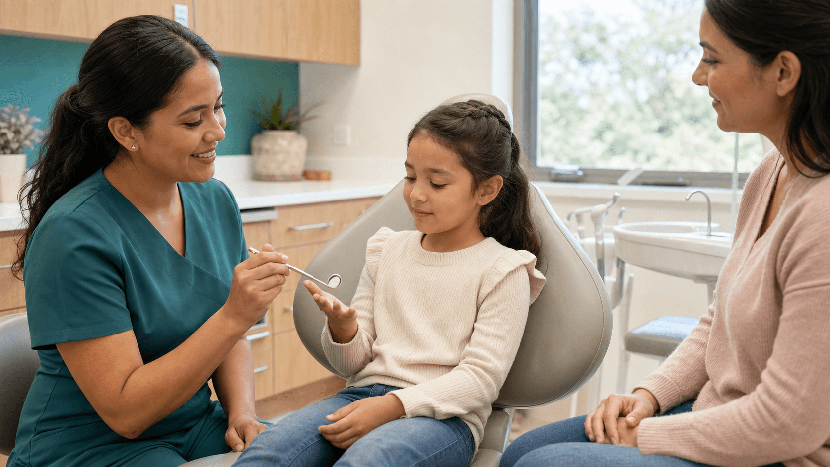 A hygienist showing a young patient a dental mirror