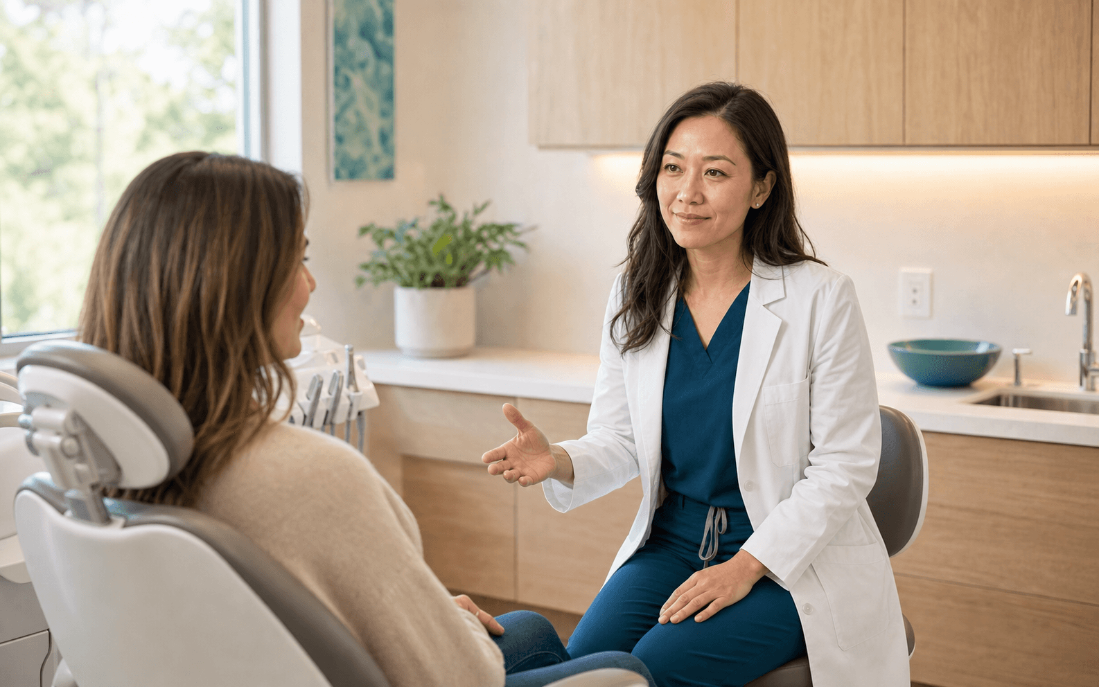 Dr. Chen explaining X-rays to a patient in a calm exam room