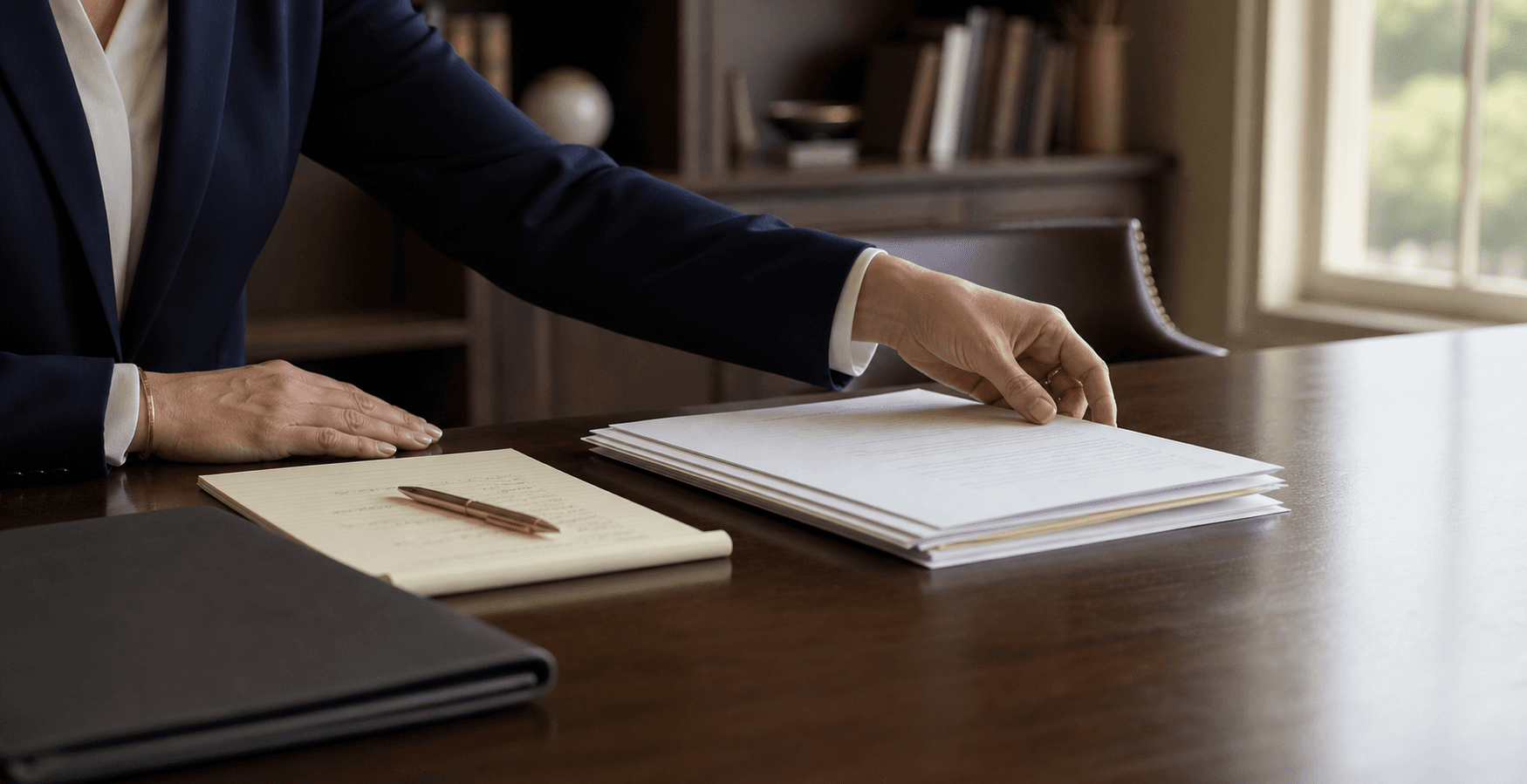 An attorney reviewing a strategy packet at a conference table