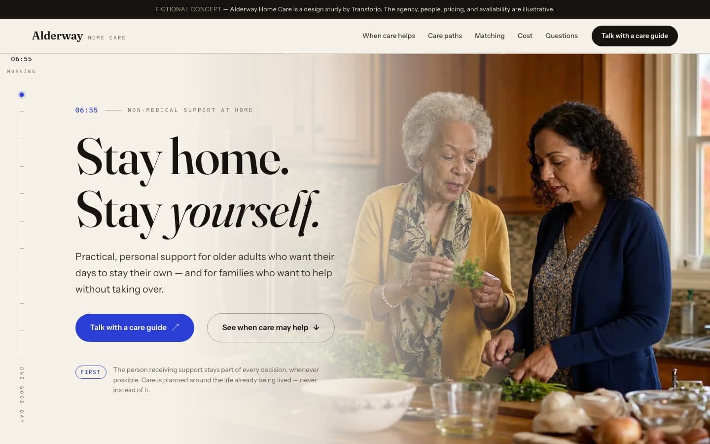 The opening screen of the Alderway Home Care website on a desktop screen