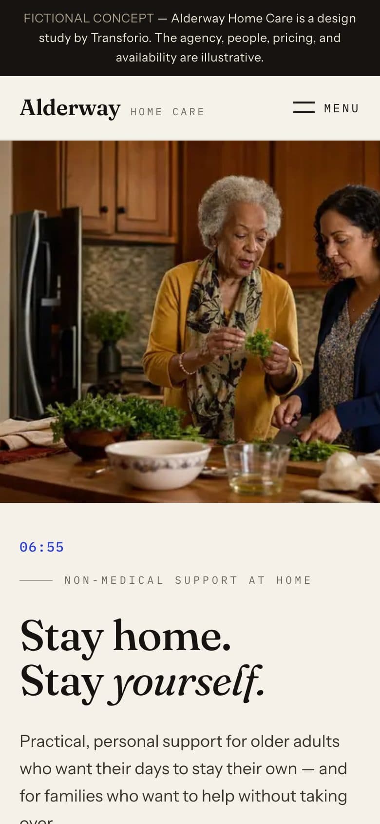 The opening screen of the Alderway Home Care website on a phone