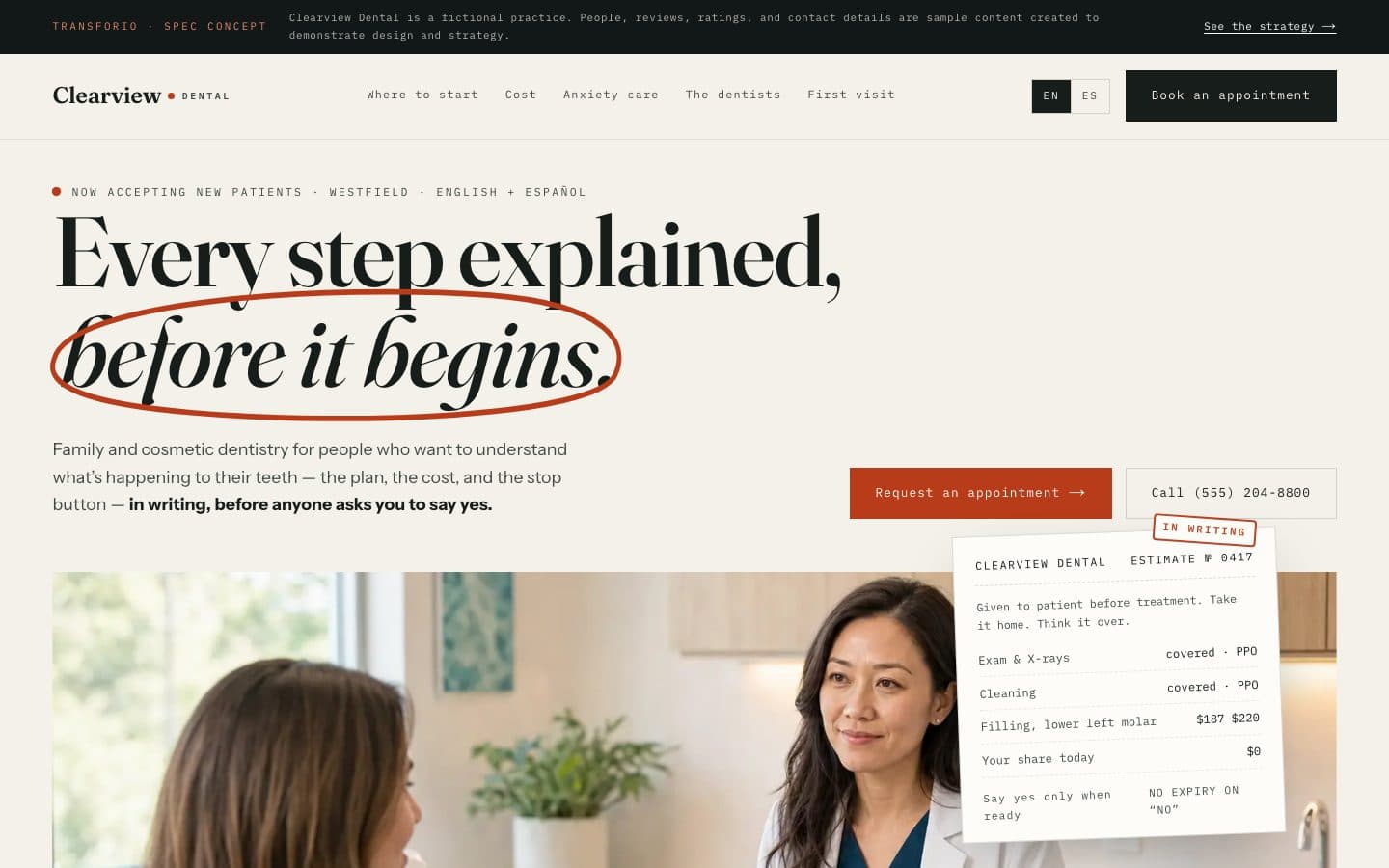 The opening screen of the Clearview Dental website on a desktop screen