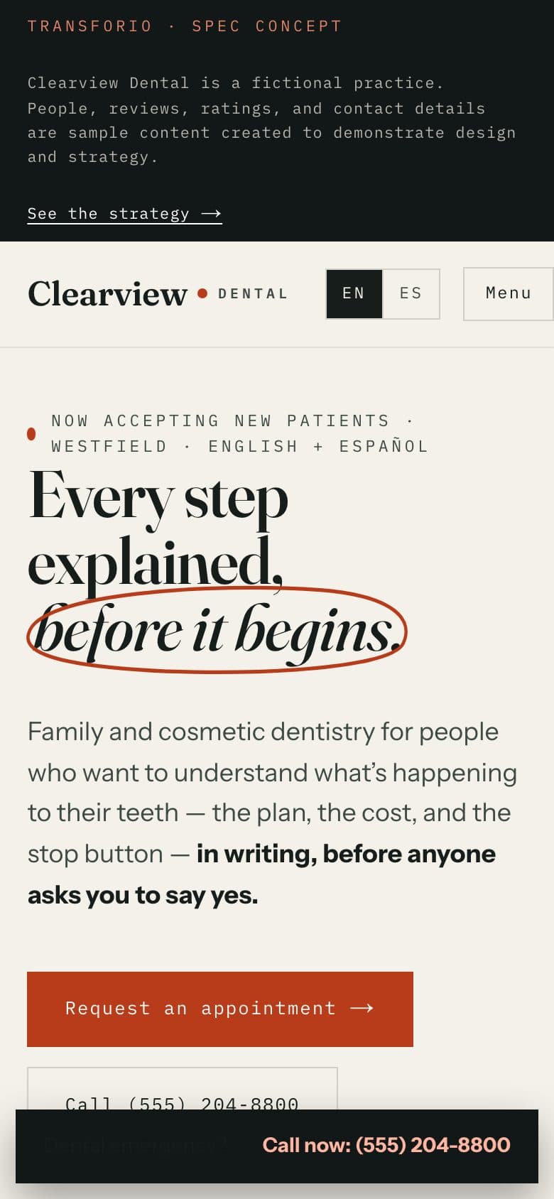 The opening screen of the Clearview Dental website on a phone