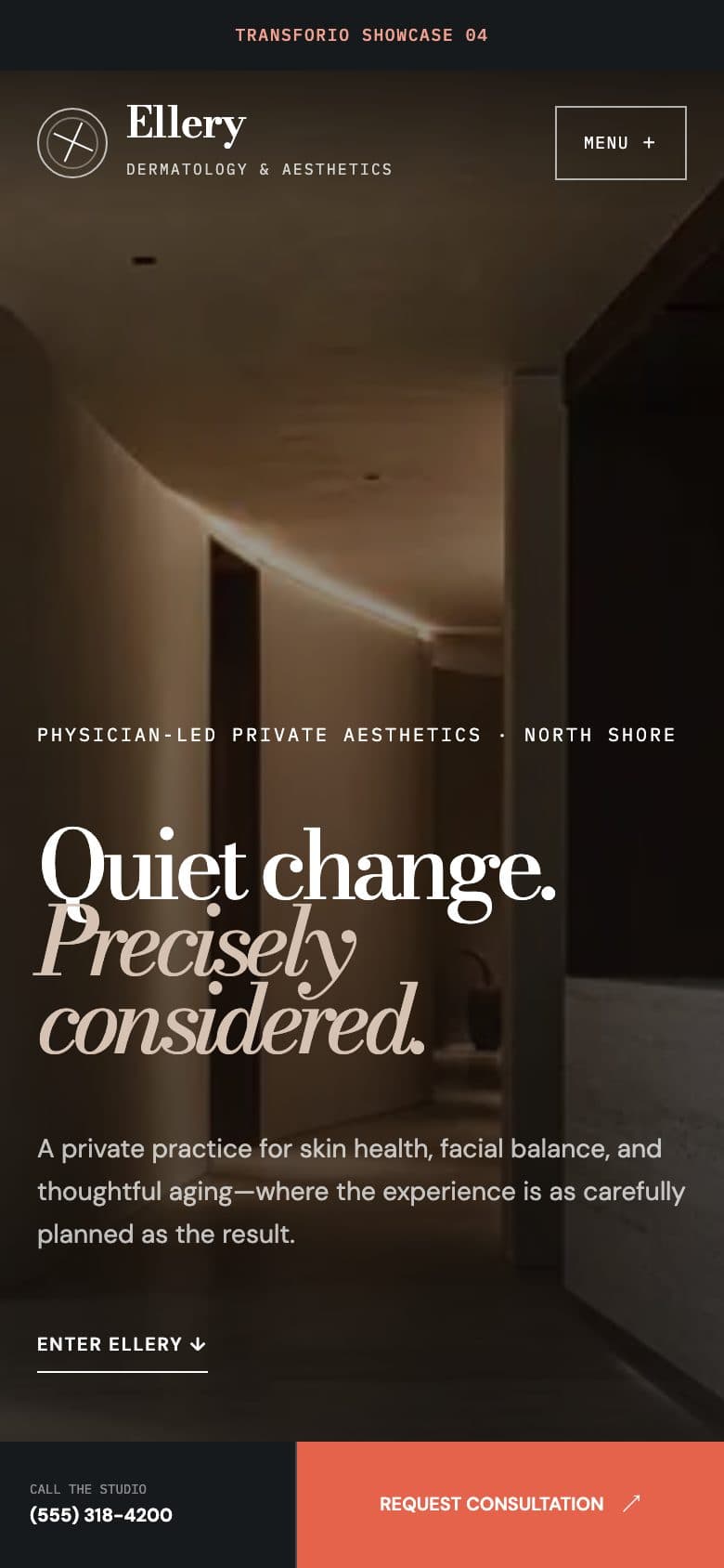The opening screen of the Ellery Dermatology & Aesthetics website on a phone