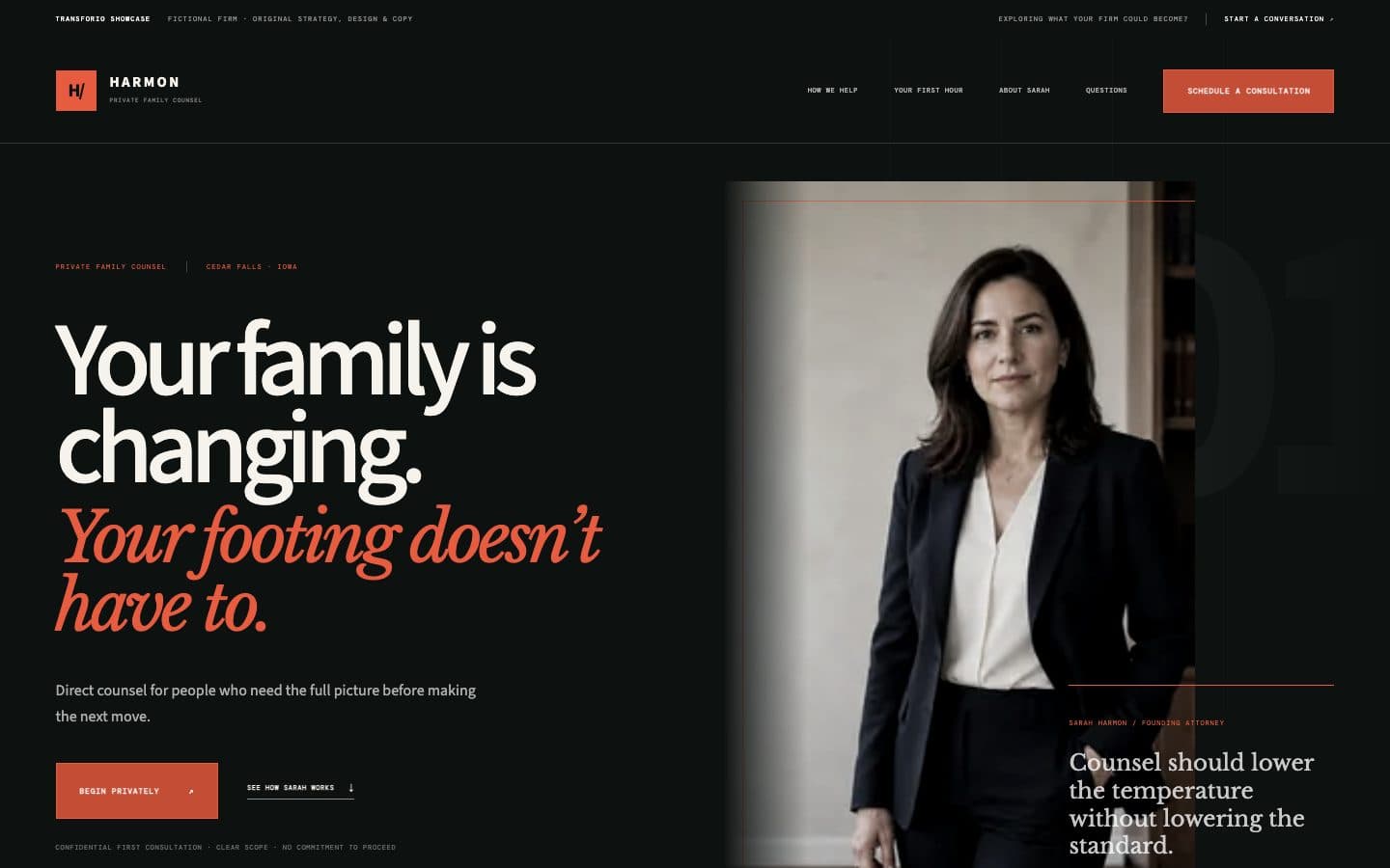 The opening screen of the Harmon Family Law website on a desktop screen