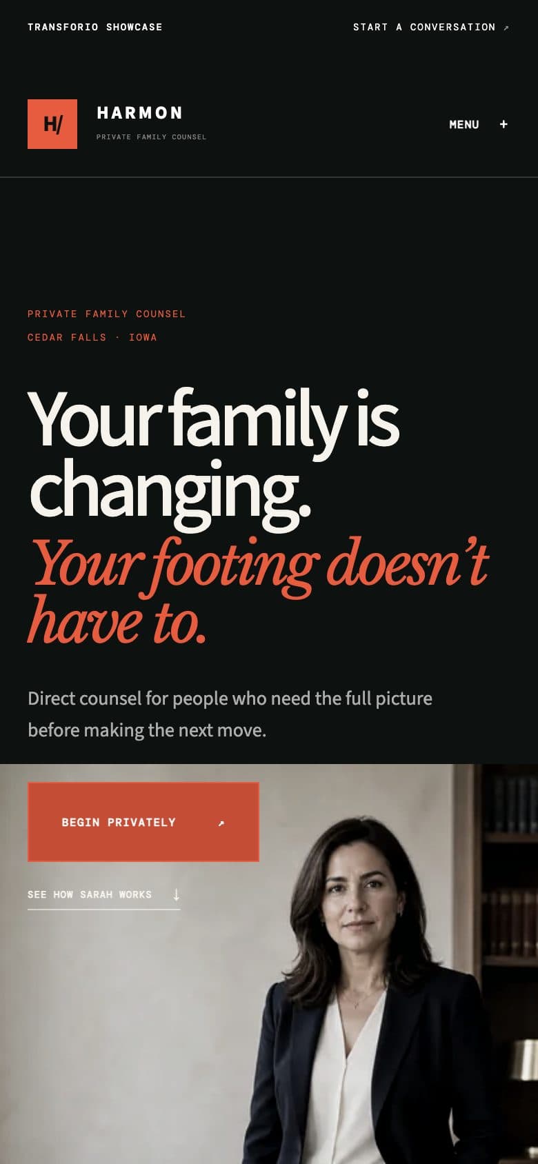 The opening screen of the Harmon Family Law website on a phone