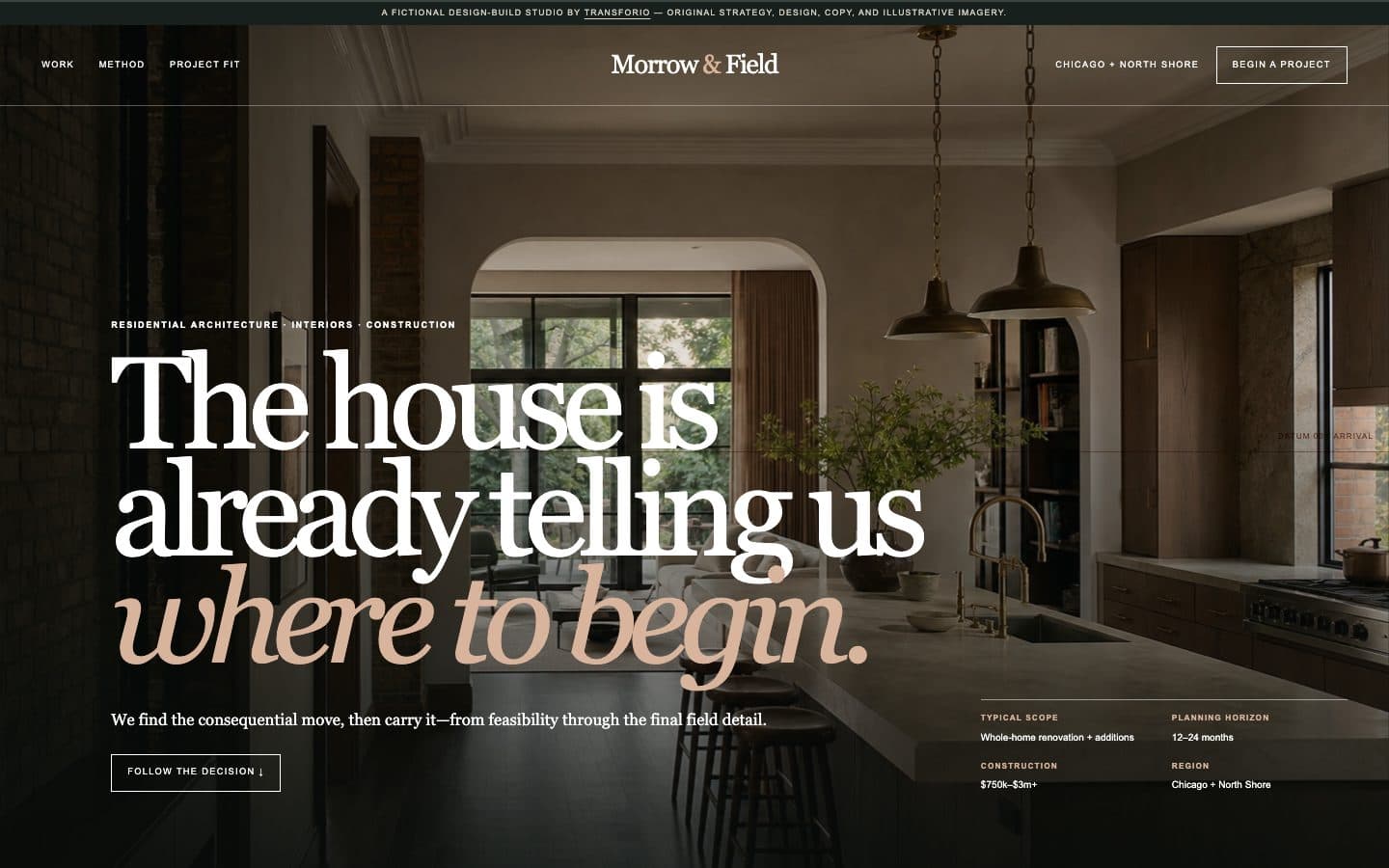 The opening screen of the Morrow & Field website on a desktop screen