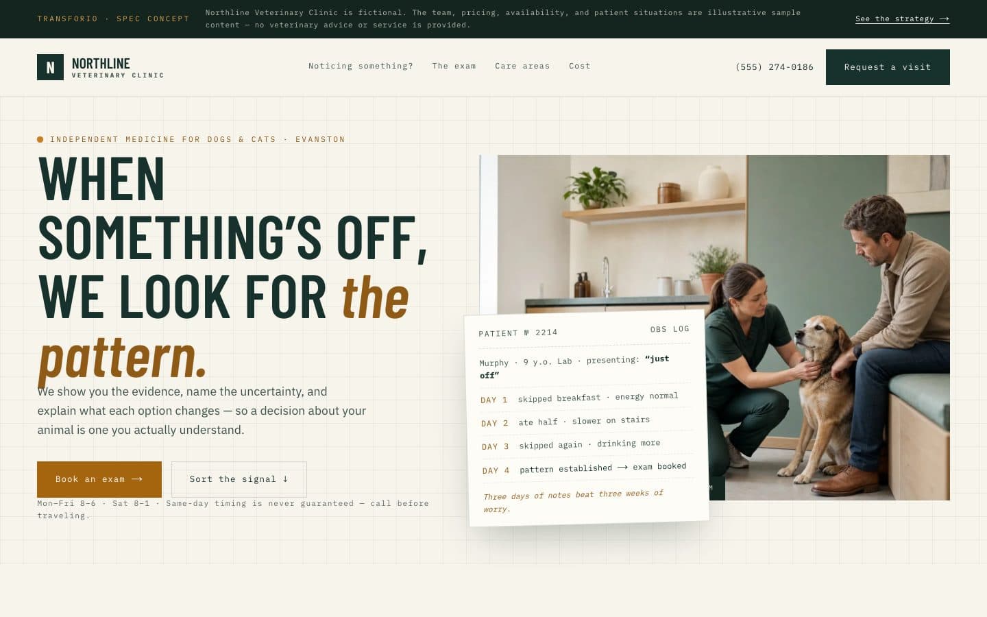 The opening screen of the Northline Veterinary Clinic website on a desktop screen