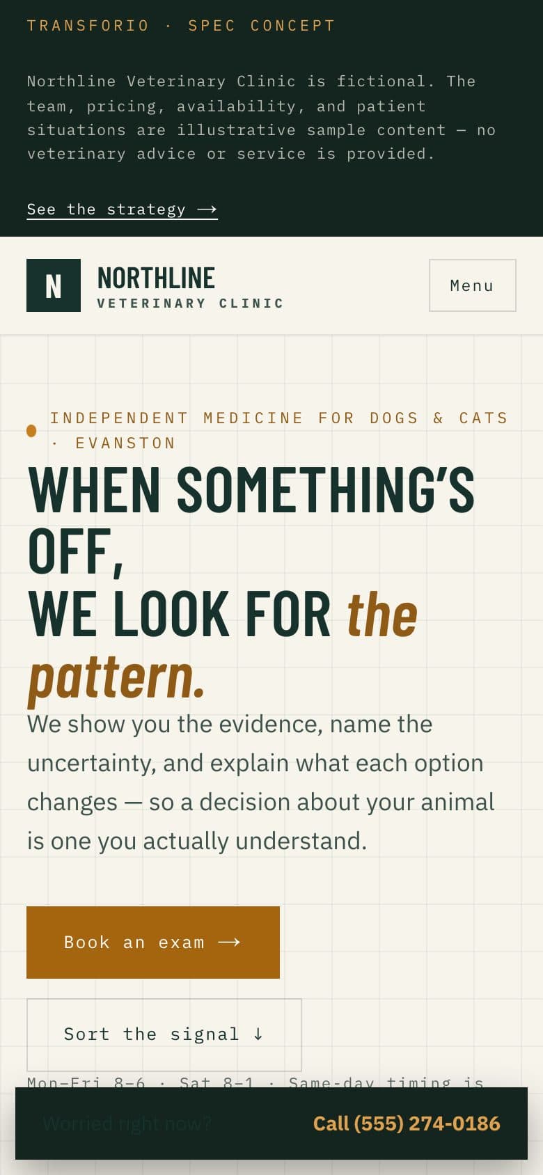 The opening screen of the Northline Veterinary Clinic website on a phone