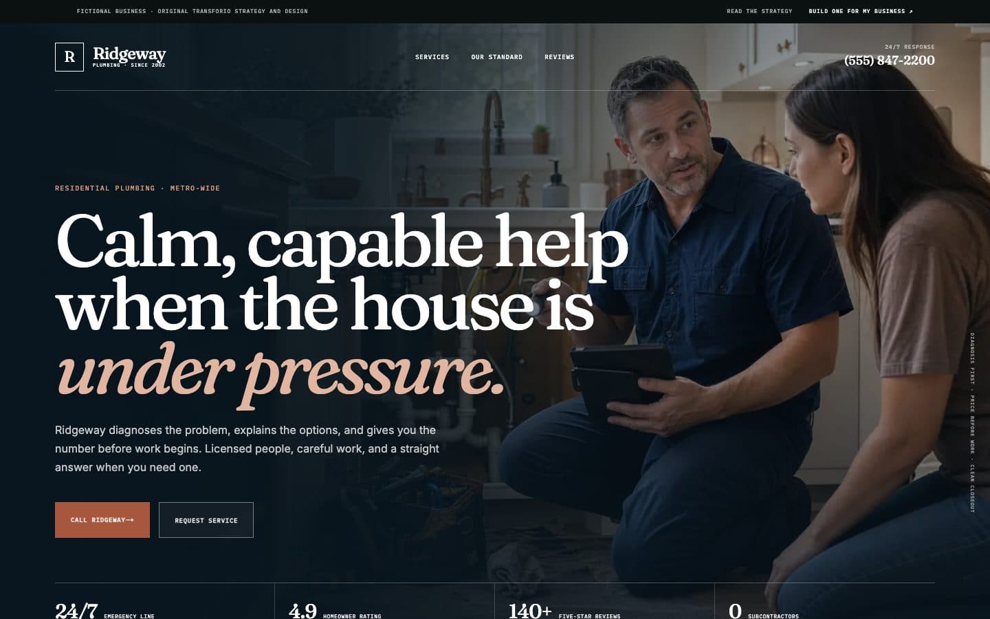 The Ridgeway Plumbing showcase site: a headline about calm, capable help under pressure, the phone number in the header, and the rating and review count under the headline.