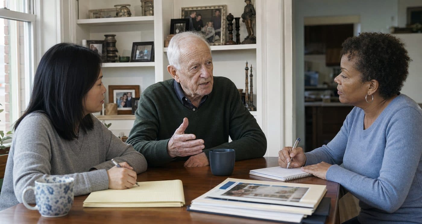 An older man speaks at his dining table while his daughter and a care guide listen and take notes