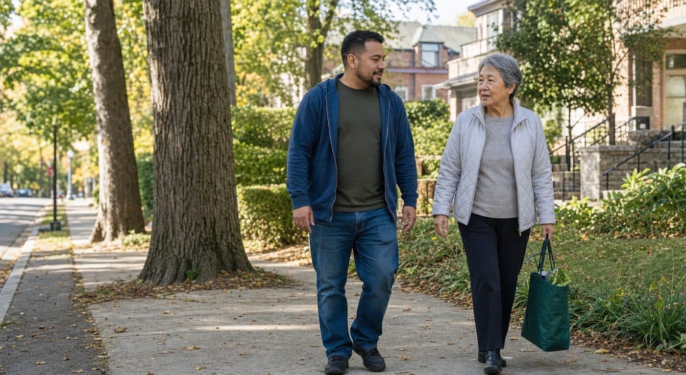 A caregiver and an older woman walk a tree-lined sidewalk together, carrying groceries home