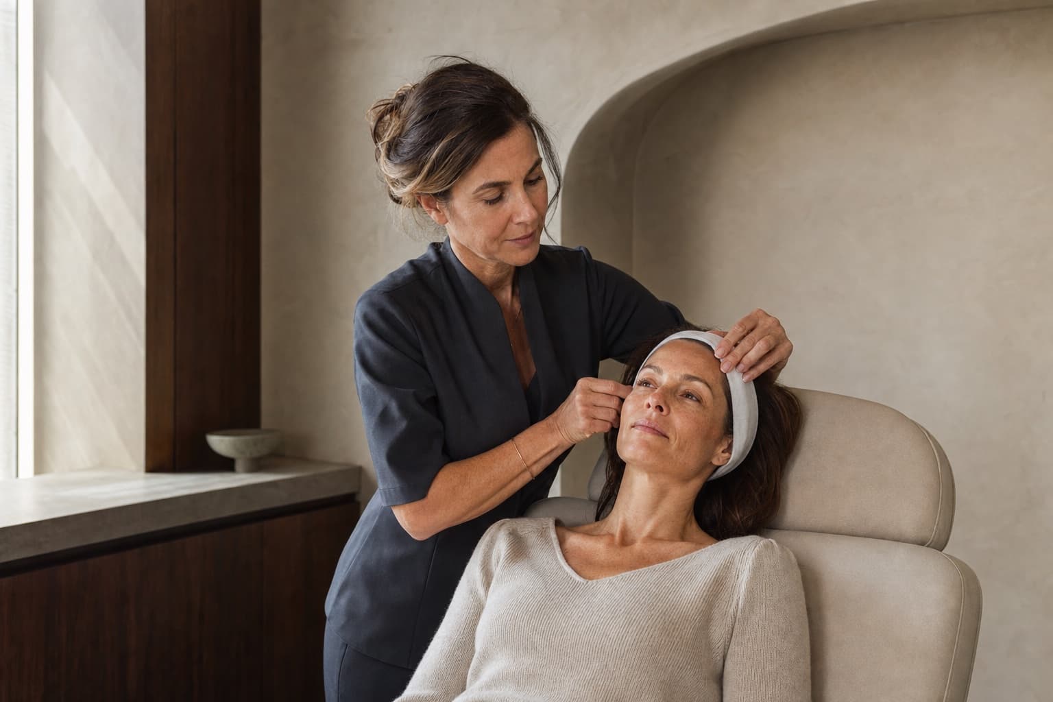 A fictional Ellery clinician preparing a guest in a private treatment suite