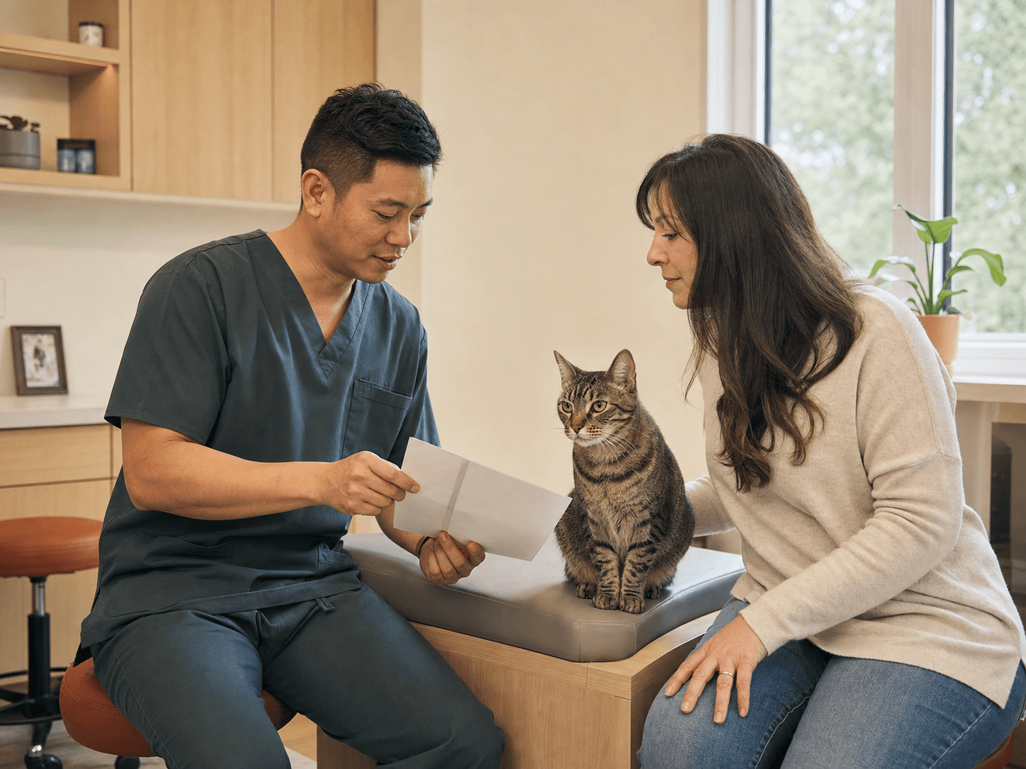 A veterinarian reviews a care plan with a cat owner while the cat sits between them