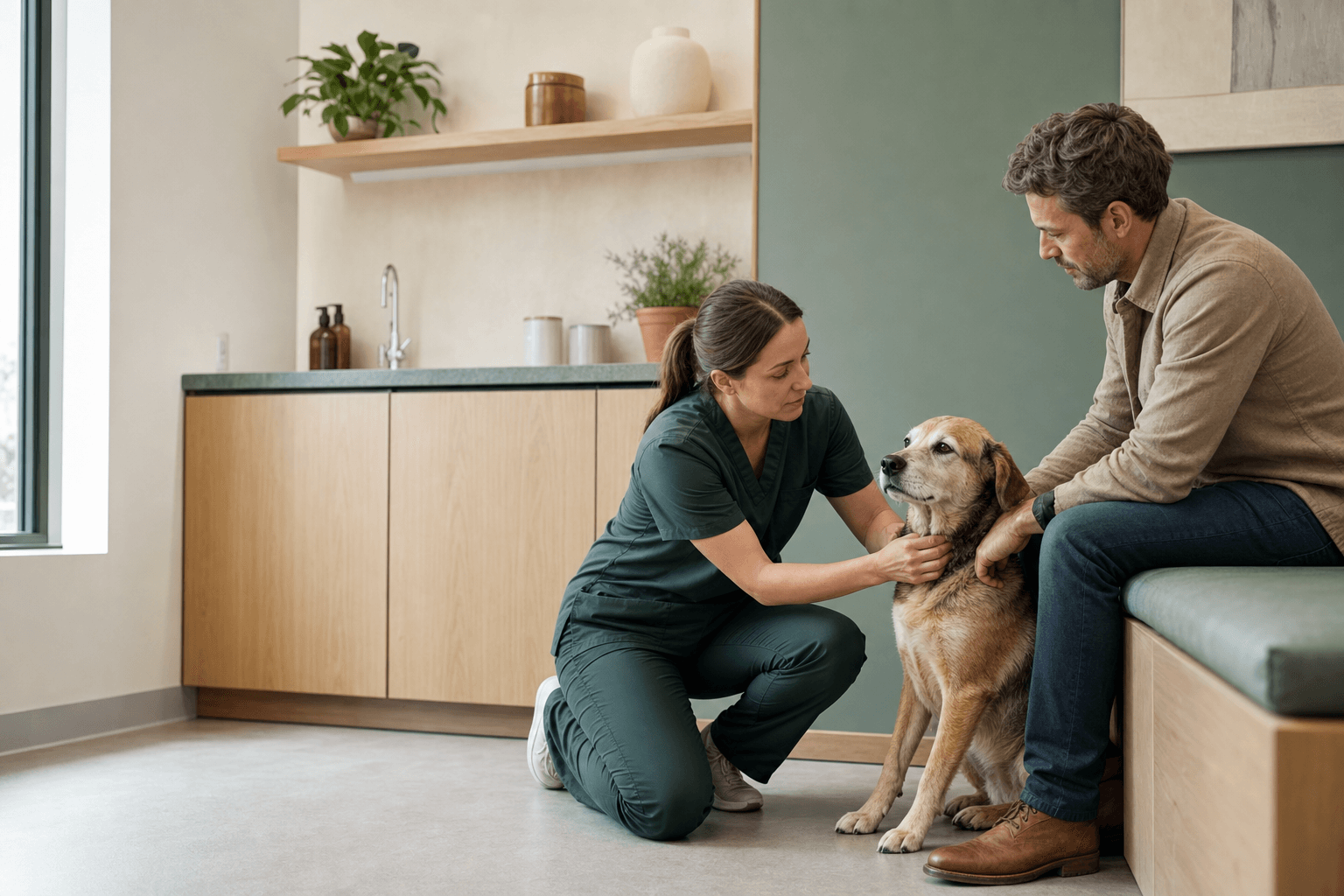 A veterinarian examines a senior dog at floor level while the owner participates