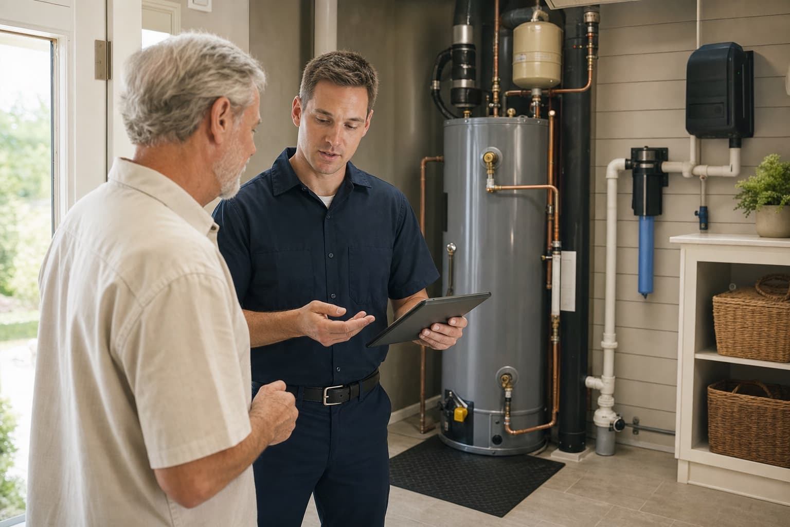 A Ridgeway technician reviews a water-heater recommendation with a homeowner