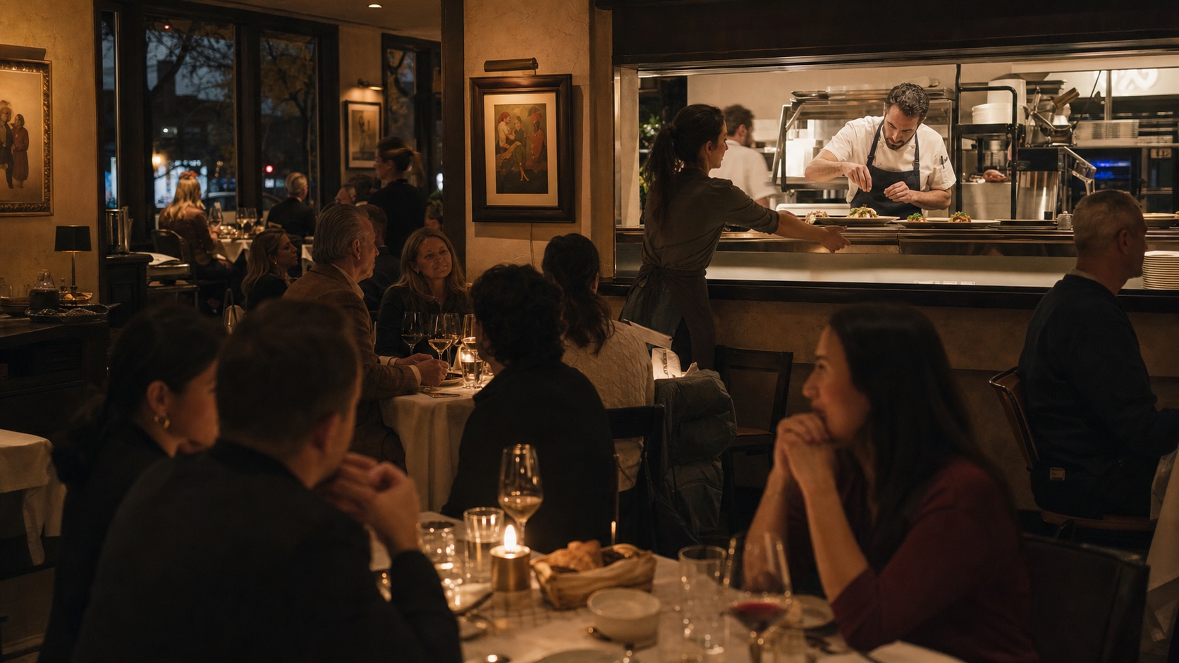 A full candlelit dining room and an active open kitchen during dinner service