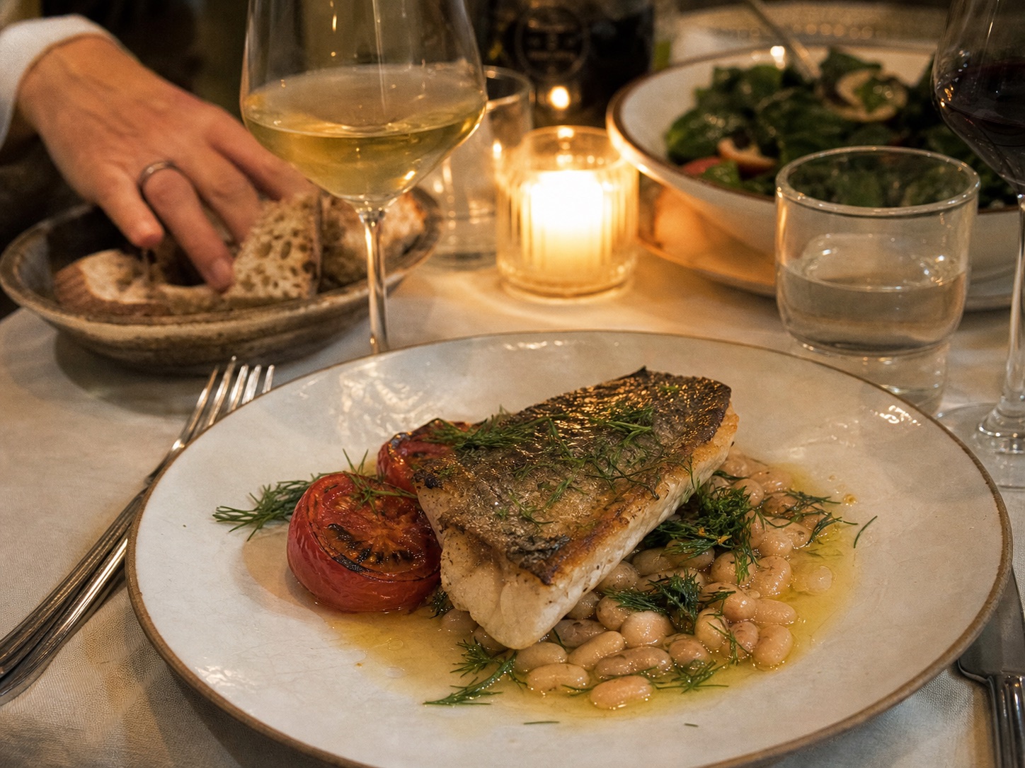 Crispy-skinned lake trout with white beans, charred tomato and dill at a candlelit table
