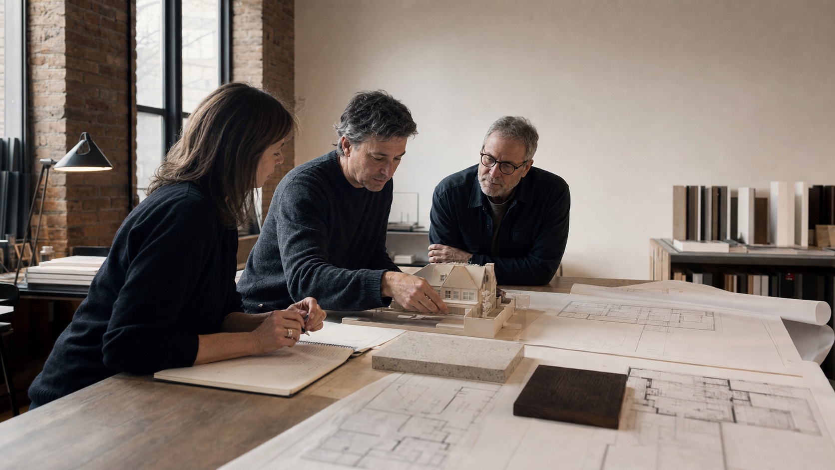 Architecture, interiors, and construction leaders reviewing a house model, drawings, material samples, and cost notes at one table