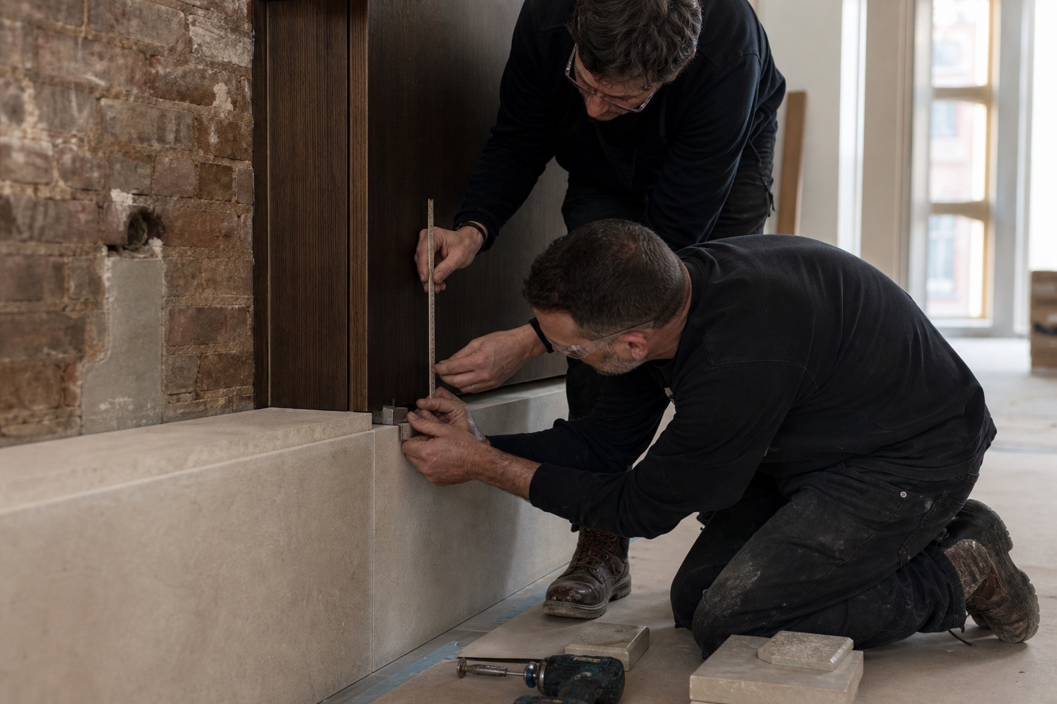 Architect and carpenter aligning a dark oak panel with a limestone datum during construction