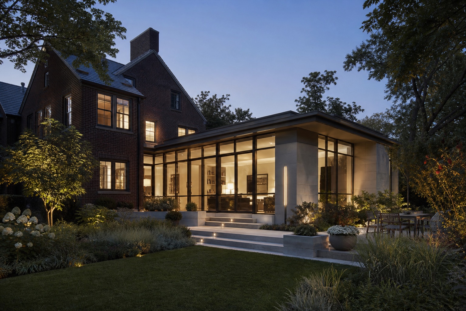 Historic brick residence joined to a contemporary limestone and glass garden pavilion