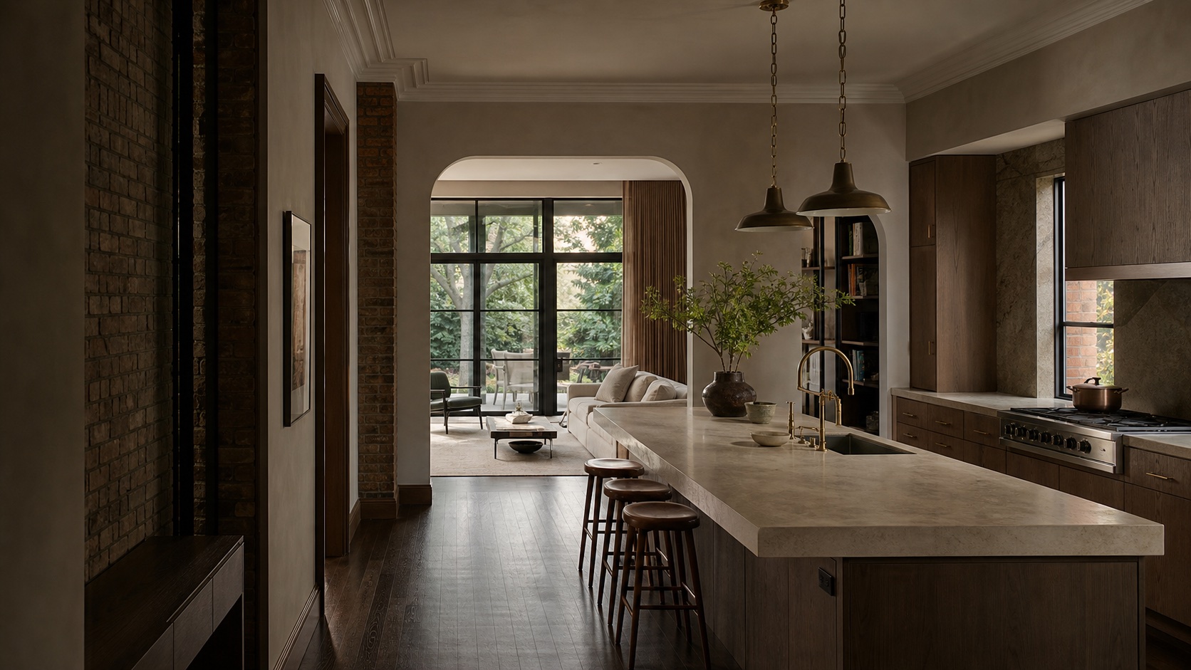 Warm renovated kitchen connecting original brick rooms to a garden-facing living space