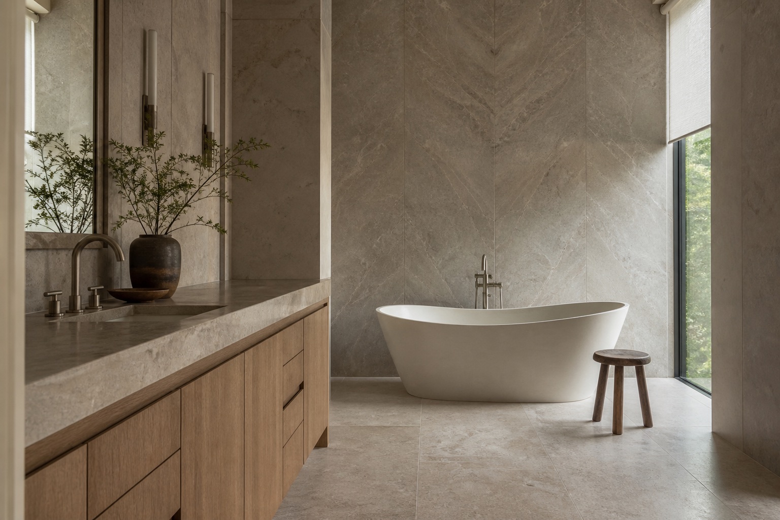 Limestone and oak primary bathroom composed around one continuous stone volume
